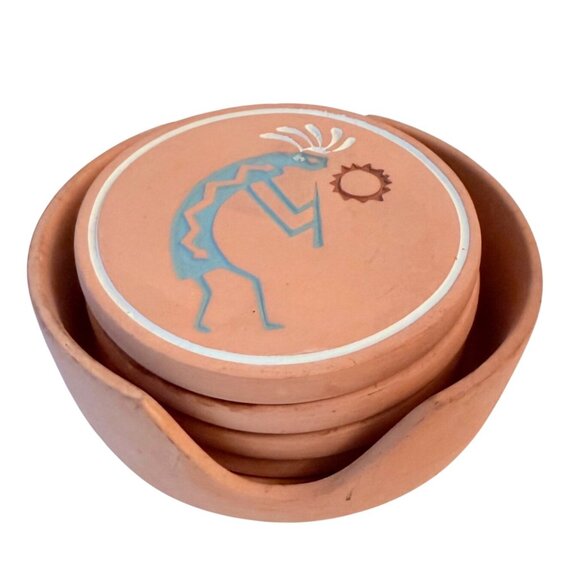 Terracotta Kokopelli Coaster Set With Holder Handcrafted Southwest Design Cork B - Picture 1 of 15